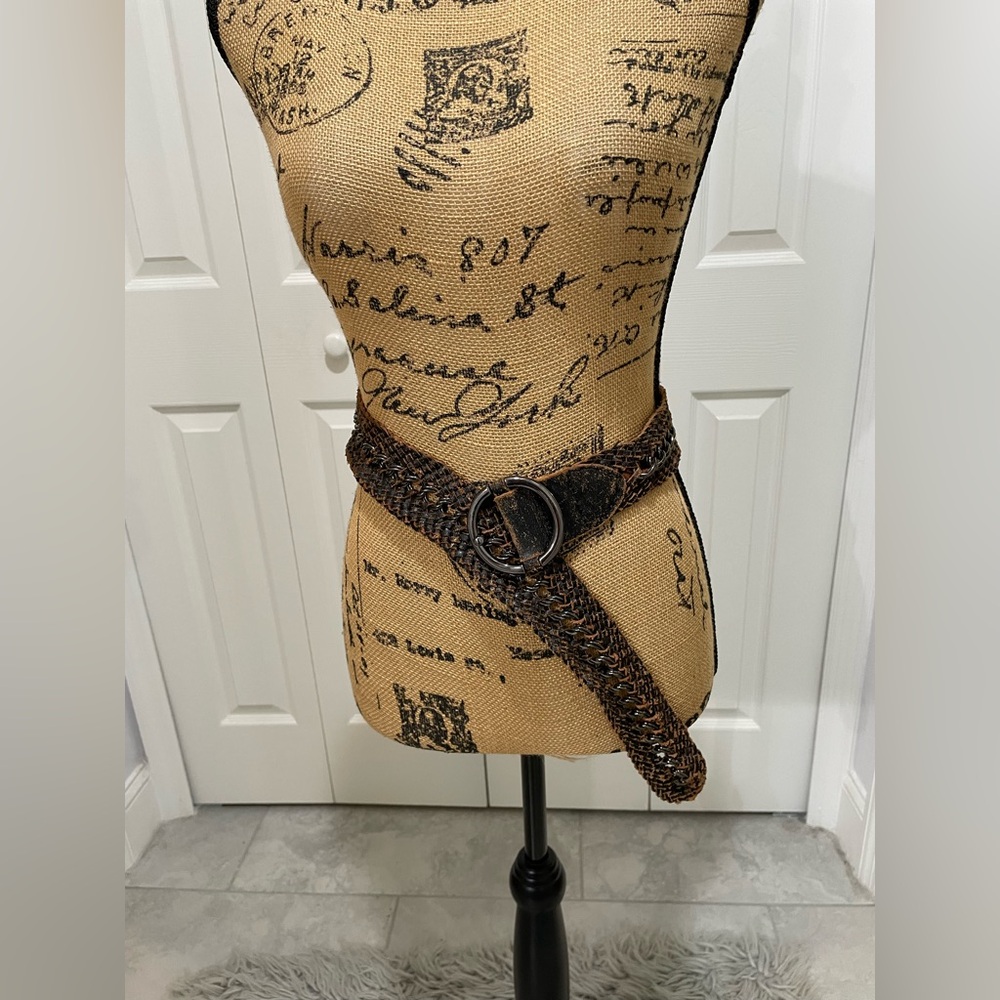 Vintage Etienne Aigner Brown Leather Distressed Woven Belt